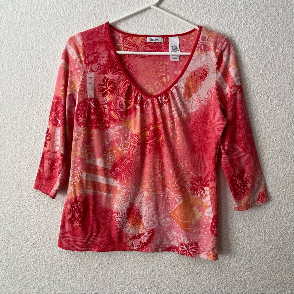 Liz & Co Top Multi-color Floral 3/4 Sleeve V-Neck Sz M